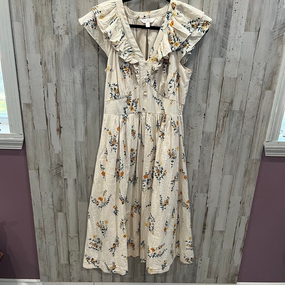 LC Lauren Conrad Cream Floral Girly Ruffle Cottagecore Prairie Midi Dress Medium